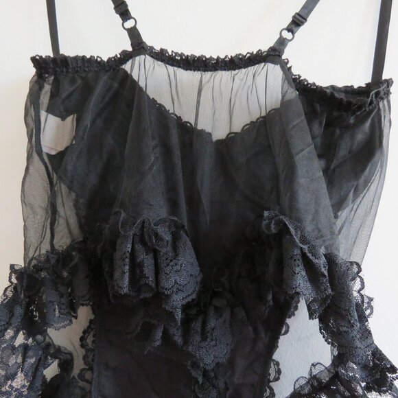 VINTAGE EMIL BOLE Lace Ruffle Black Mesh Velvet Metallic Bodysuit Teddy Goth - Picture 11 of 15
